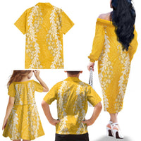 Puakenikeni and Maile Lei Family Matching Off The Shoulder Long Sleeve Dress and Hawaiian Shirt Gold Double Strand Lei