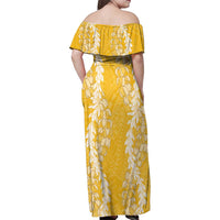 Puakenikeni and Maile Lei Family Matching Off Shoulder Maxi Dress and Hawaiian Shirt Gold Double Strand Lei