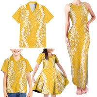 Puakenikeni and Maile Lei Family Matching Tank Maxi Dress and Hawaiian Shirt Gold Double Strand Lei