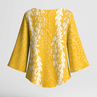 Puakenikeni and Maile Lei Kimono Sleeve Blouse Gold Double Strand Lei - Polynesian Pride