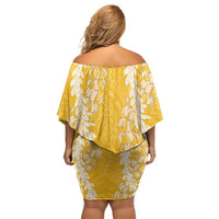 Puakenikeni and Maile Lei Off Shoulder Short Dress Gold Double Strand Lei