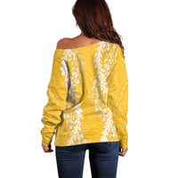 Puakenikeni and Maile Lei Off Shoulder Sweater Gold Double Strand Lei