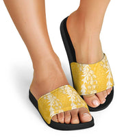 Puakenikeni and Maile Lei Slide Sandals Gold Double Strand Lei - Polynesian Pride
