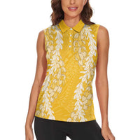 Puakenikeni and Maile Lei Women Sleeveless Polo Shirt Gold Double Strand Lei LT9 - Polynesian Pride
