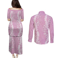 Puakenikeni and Maile Lei Couples Matching Puletasi and Long Sleeve Button Shirt Pink Double Strand Lei LT9 - Polynesian Pride