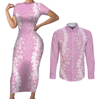 Puakenikeni and Maile Lei Couples Matching Short Sleeve Bodycon Dress and Long Sleeve Button Shirt Pink Double Strand Lei LT9 Pink - Polynesian Pride