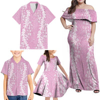 Puakenikeni and Maile Lei Family Matching Off Shoulder Maxi Dress and Hawaiian Shirt Pink Double Strand Lei