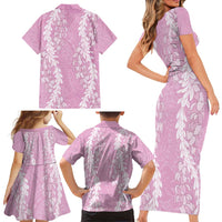 Puakenikeni and Maile Lei Family Matching Short Sleeve Bodycon Dress and Hawaiian Shirt Pink Double Strand Lei