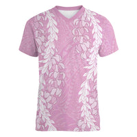 Puakenikeni and Maile Lei Women V-Neck T-Shirt Pink Double Strand Lei LT9 Female Pink - Polynesian Pride