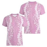 Puakenikeni and Maile Lei Women V-Neck T-Shirt Pink Double Strand Lei LT9 - Polynesian Pride