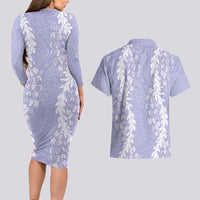 Puakenikeni and Maile Lei Couples Matching Long Sleeve Bodycon Dress and Hawaiian Shirt Purple Double Strand Lei