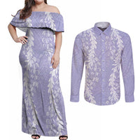 Puakenikeni and Maile Lei Couples Matching Off Shoulder Maxi Dress and Long Sleeve Button Shirt Purple Double Strand Lei LT9 Purple - Polynesian Pride