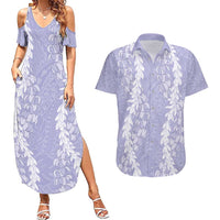 Puakenikeni and Maile Lei Couples Matching Summer Maxi Dress and Hawaiian Shirt Purple Double Strand Lei