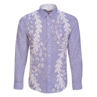 Puakenikeni and Maile Lei Family Matching Off The Shoulder Long Sleeve Dress and Hawaiian Shirt Purple Double Strand Lei