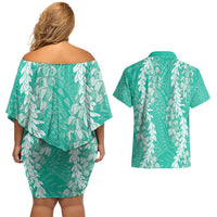 Puakenikeni and Maile Lei Couples Matching Off Shoulder Short Dress and Hawaiian Shirt Sage Green Double Strand Lei