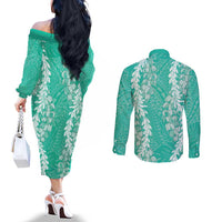 Puakenikeni and Maile Lei Couples Matching Off The Shoulder Long Sleeve Dress and Long Sleeve Button Shirt Sage Green Double Strand Lei