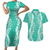 Puakenikeni and Maile Lei Couples Matching Short Sleeve Bodycon Dress and Hawaiian Shirt Sage Green Double Strand Lei