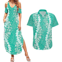 Puakenikeni and Maile Lei Couples Matching Summer Maxi Dress and Hawaiian Shirt Sage Green Double Strand Lei