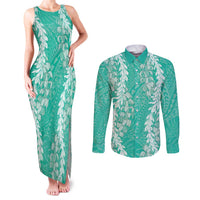 Puakenikeni and Maile Lei Couples Matching Tank Maxi Dress and Long Sleeve Button Shirt Sage Green Double Strand Lei LT9 Sage Green - Polynesian Pride