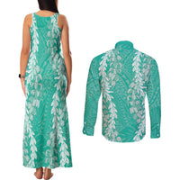 Puakenikeni and Maile Lei Couples Matching Tank Maxi Dress and Long Sleeve Button Shirt Sage Green Double Strand Lei LT9 - Polynesian Pride