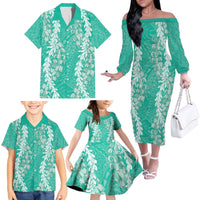 Puakenikeni and Maile Lei Family Matching Off The Shoulder Long Sleeve Dress and Hawaiian Shirt Sage Green Double Strand Lei