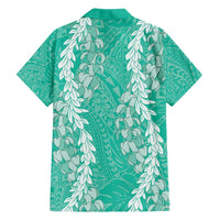 Puakenikeni and Maile Lei Family Matching Off Shoulder Maxi Dress and Hawaiian Shirt Sage Green Double Strand Lei