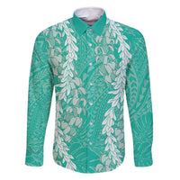 Puakenikeni and Maile Lei Family Matching Off Shoulder Maxi Dress and Hawaiian Shirt Sage Green Double Strand Lei