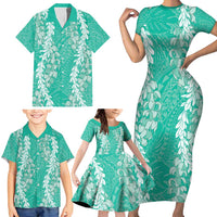 Puakenikeni and Maile Lei Family Matching Short Sleeve Bodycon Dress and Hawaiian Shirt Sage Green Double Strand Lei
