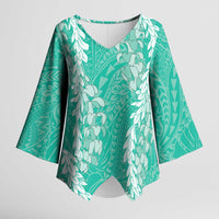 Puakenikeni and Maile Lei Kimono Sleeve Blouse Sage Green Double Strand Lei - Polynesian Pride