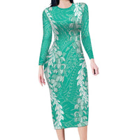 Puakenikeni and Maile Lei Long Sleeve Bodycon Dress Sage Green Double Strand Lei LT9 Long Dress Sage Green - Polynesian Pride