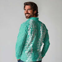 Puakenikeni and Maile Lei Long Sleeve Polo Shirt Sage Green Double Strand Lei LT9 - Polynesian Pride