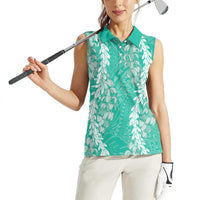 Puakenikeni and Maile Lei Women Sleeveless Polo Shirt Sage Green Double Strand Lei LT9 - Polynesian Pride