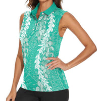 Puakenikeni and Maile Lei Women Sleeveless Polo Shirt Sage Green Double Strand Lei LT9 - Polynesian Pride