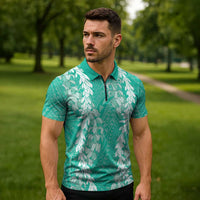 Puakenikeni and Maile Lei Zipper Polo Shirt Sage Green Double Strand Lei LT9 - Polynesian Pride