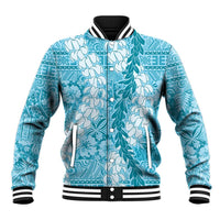 Blue Puakenikeni and Maile Lei Baseball Jacket Hawaiian Style Tribal Tapa Double Strand Lei