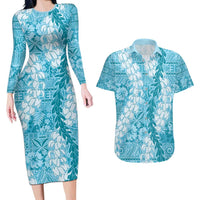 Blue Puakenikeni and Maile Lei Couples Matching Long Sleeve Bodycon Dress and Hawaiian Shirt Hawaiian Style Tribal Tapa Double Strand Lei