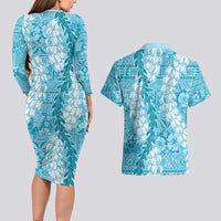 Blue Puakenikeni and Maile Lei Couples Matching Long Sleeve Bodycon Dress and Hawaiian Shirt Hawaiian Style Tribal Tapa Double Strand Lei