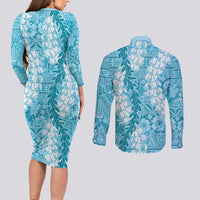 Blue Puakenikeni and Maile Lei Couples Matching Long Sleeve Bodycon Dress and Long Sleeve Button Shirt Hawaiian Style Tribal Tapa Double Strand Lei