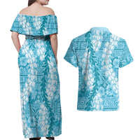 Blue Puakenikeni and Maile Lei Couples Matching Off Shoulder Maxi Dress and Hawaiian Shirt Hawaiian Style Tribal Tapa Double Strand Lei