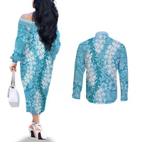 Blue Puakenikeni and Maile Lei Couples Matching Off The Shoulder Long Sleeve Dress and Long Sleeve Button Shirt Hawaiian Style Tribal Tapa Double Strand Lei