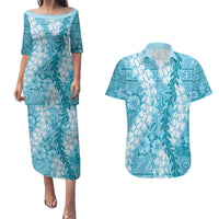 Blue Puakenikeni and Maile Lei Couples Matching Puletasi and Hawaiian Shirt Hawaiian Style Tribal Tapa Double Strand Lei