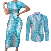 Blue Puakenikeni and Maile Lei Couples Matching Short Sleeve Bodycon Dress and Long Sleeve Button Shirt Hawaiian Style Tribal Tapa Double Strand Lei