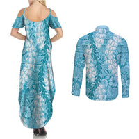 Blue Puakenikeni and Maile Lei Couples Matching Summer Maxi Dress and Long Sleeve Button Shirt Hawaiian Style Tribal Tapa Double Strand Lei