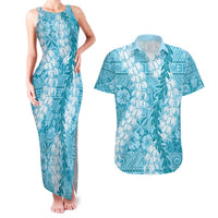 Blue Puakenikeni and Maile Lei Couples Matching Tank Maxi Dress and Hawaiian Shirt Hawaiian Style Tribal Tapa Double Strand Lei