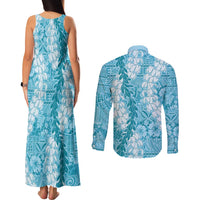 Blue Puakenikeni and Maile Lei Couples Matching Tank Maxi Dress and Long Sleeve Button Shirt Hawaiian Style Tribal Tapa Double Strand Lei