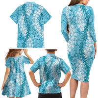 Blue Puakenikeni and Maile Lei Family Matching Long Sleeve Bodycon Dress and Hawaiian Shirt Hawaiian Style Tribal Tapa Double Strand Lei