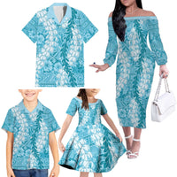 Blue Puakenikeni and Maile Lei Family Matching Off The Shoulder Long Sleeve Dress and Hawaiian Shirt Hawaiian Style Tribal Tapa Double Strand Lei