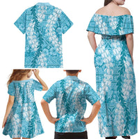 Blue Puakenikeni and Maile Lei Family Matching Off Shoulder Maxi Dress and Hawaiian Shirt Hawaiian Style Tribal Tapa Double Strand Lei