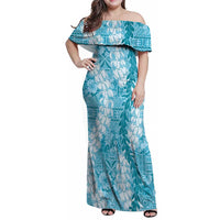 Blue Puakenikeni and Maile Lei Family Matching Off Shoulder Maxi Dress and Hawaiian Shirt Hawaiian Style Tribal Tapa Double Strand Lei