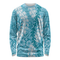 Blue Puakenikeni and Maile Lei Long Sleeve Shirt Hawaiian Style Tribal Tapa Double Strand Lei